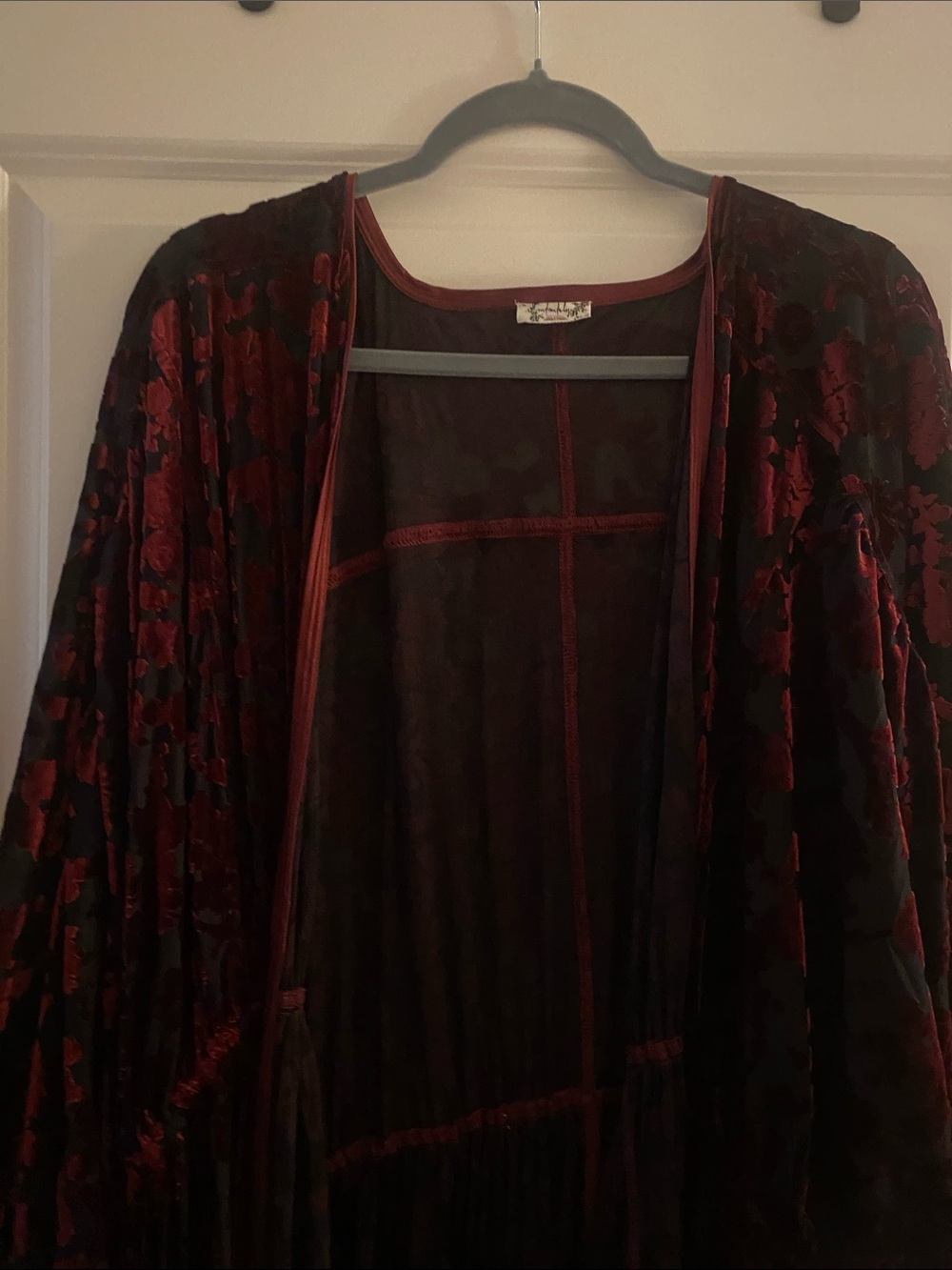 Free People Velvet Floral Burnout Kimono Robe in Deep Burgundy